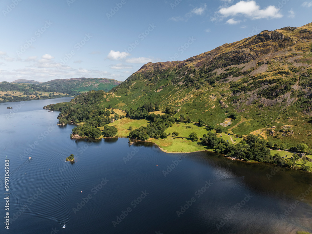 Aerial view of tranquil Lake Ullswater surrounded by serene mountains and green hills, Patterdale, United Kingdom. Aerial view of tranquil Lake Ullswater surrounded by serene mountains and green hills, Patterdale, United Kingdom.