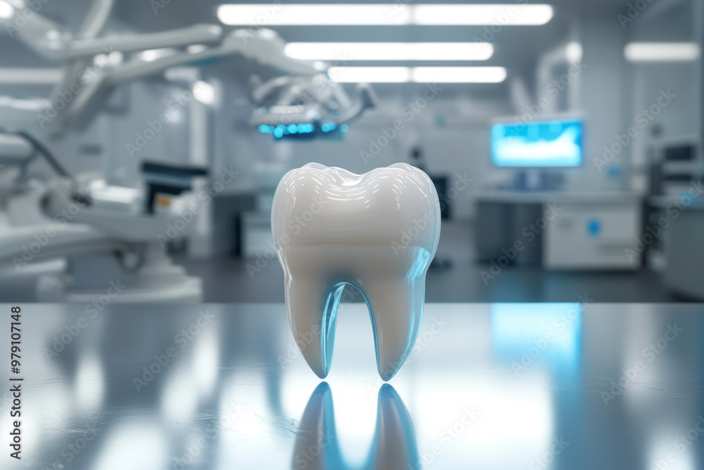 A modern tooth on a sleek, metallic surface with advanced dental equipment like laser tools and robotic arms in the background A modern tooth on a sleek, metallic surface with advanced dental equipment like laser tools and robotic arms in the background