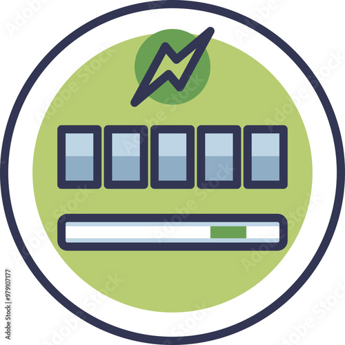 Icon of an electricity meter with a lightning bolt symbol, five digital display segments, and a progress bar, representing energy consumption and monitoring.