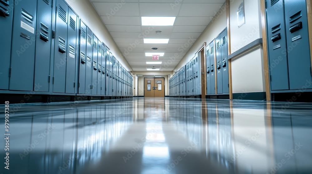 A school hallway featuring blue lockers and polished floors, leading to double doors. A school hallway featuring blue lockers and polished floors, leading to double doors.