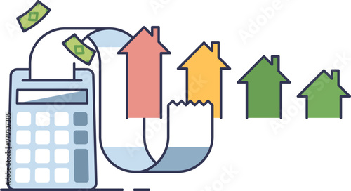 Calculator, money, receipt, and home energy rating chart illustrating financial and energy efficiency concepts.