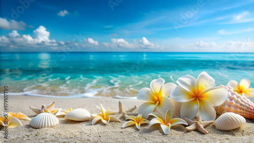 Summer beach background with frangipani flower petals, sea shells