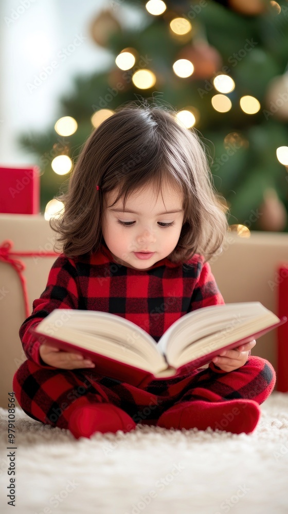 A child in red and black plaid pajamas reads a large open book on the carpet, surrounded by Christmas gifts, with warm lighting and bokeh effects A child in red and black plaid pajamas reads a large open book on the carpet, surrounded by Christmas gifts, with warm lighting and bokeh effects