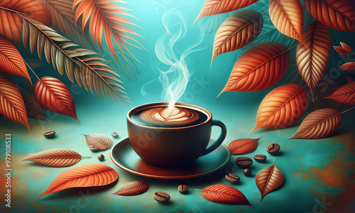 Kaffee Zeremonie im Herbst, helles Kaffee -Geschirr mit Herbstlaub und einer Tasse duftendendem Kaffee , türkisfarbener Hintergrund, copy space photo