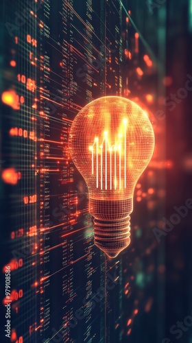 A glowing light bulb with data patterns, symbolizing innovation and technology.