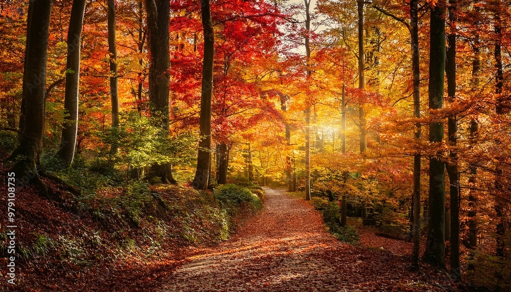 Obraz premium A serene forest path covered with fallen leaves, surrounded by vibrant autumn trees and illuminated by soft sunlight.