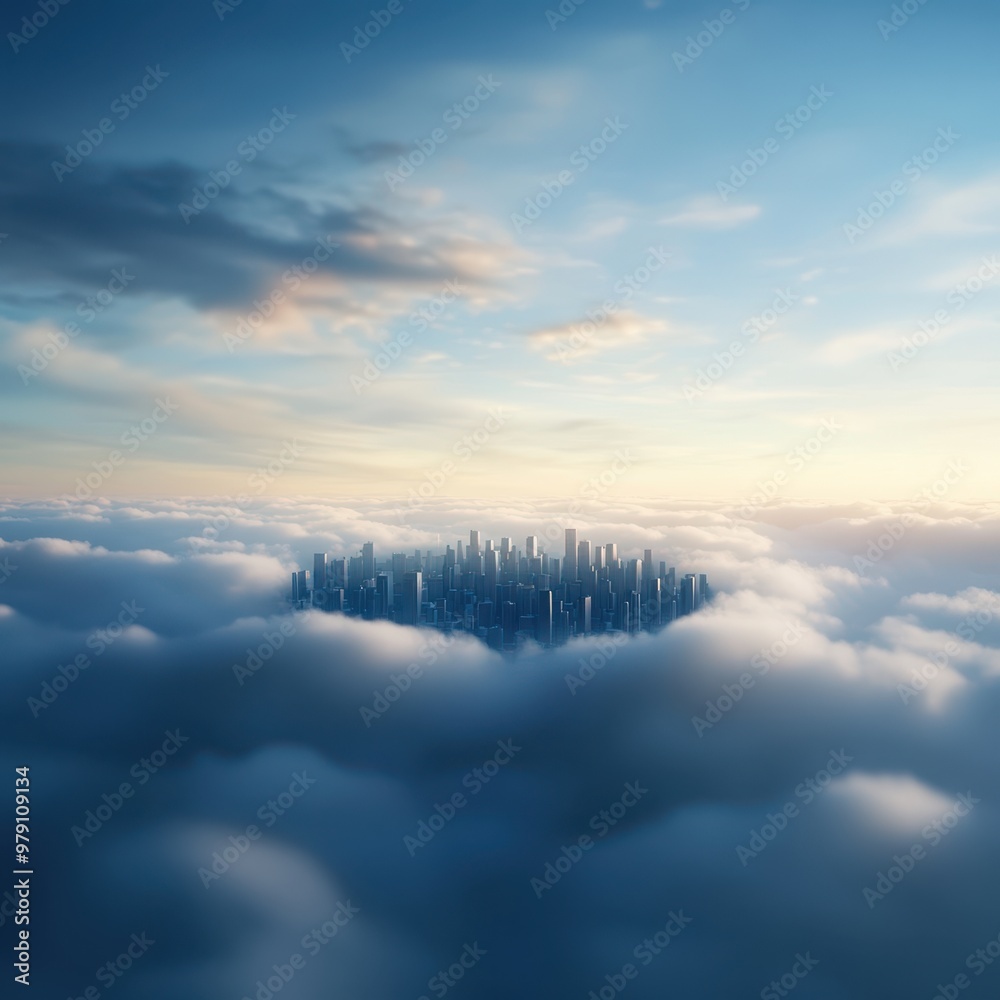 Fototapeta premium A surreal cityscape floating above the clouds at sunrise, blending nature and urban architecture in a dreamlike atmosphere.