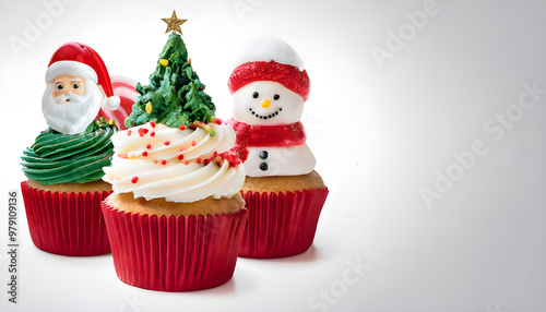 Christmas Xmas Cupcake muffin with icing frosting topping of tree, santa claus, snowman, candy cane, decorations on transparent PNG file. Many different flavour. Mockup template for artwork design 