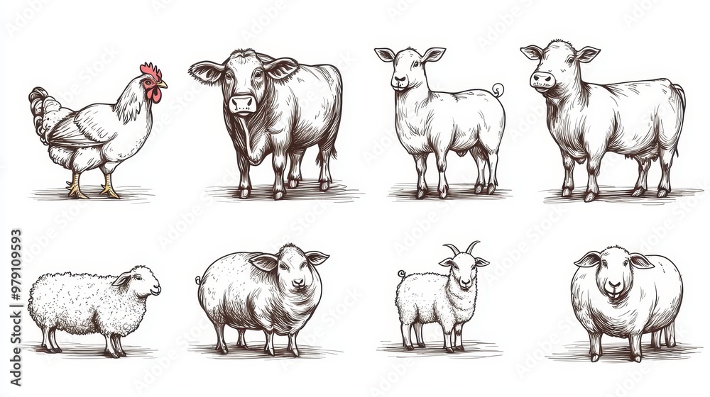 Fototapeta premium Farm Animals Illustration Set Cow Chicken Sheep Goat Drawing