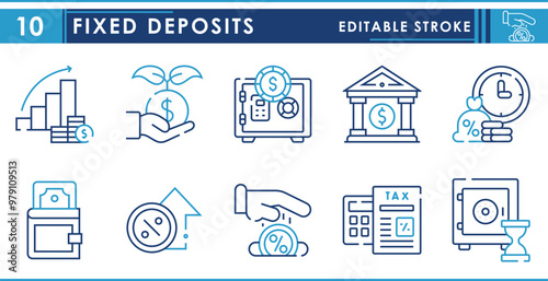 A set of line icons related to Fixed Deposit. Bank, fixed, saving, interest, investment, and so on. Vector editable stroke.