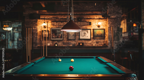 a pool or billiards table in a pool hall or bar with interesting lighting