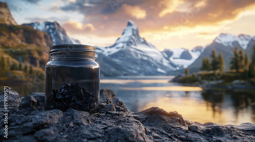 A still life composition featuring a transparent jar of black Shilajit resin placed on a rocky surface with a breathtaking backdrop of snowy mountains and a serene lake at sunset. photo