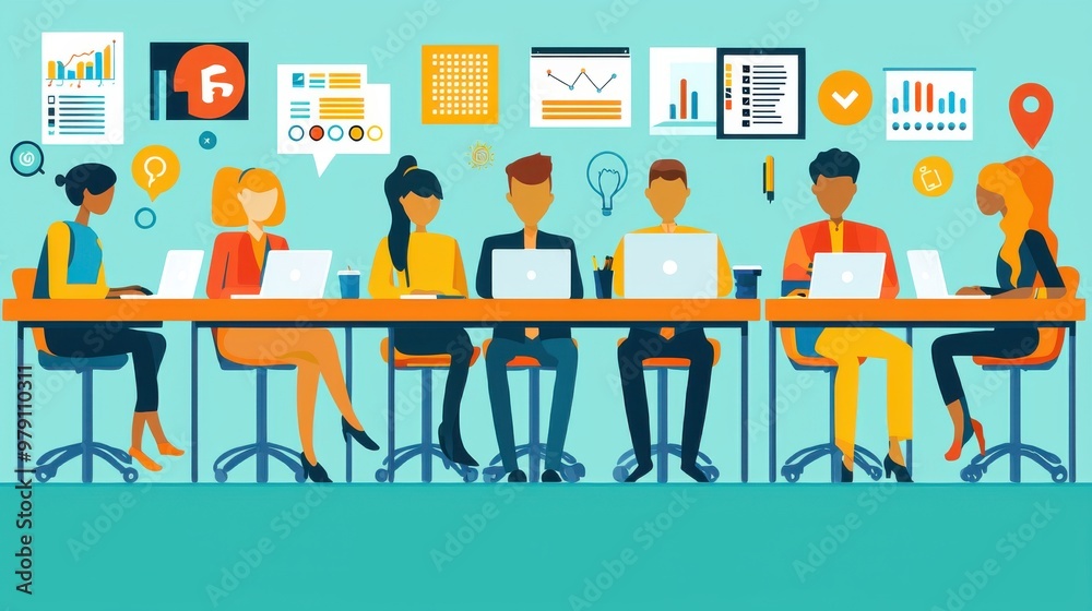Dynamic Diverse Team Collaborating on Strategy with Laptops in Modern Office Setting Dynamic Diverse Team Collaborating on Strategy with Laptops in Modern Office Setting