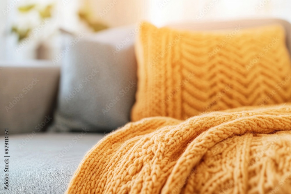 close up of orange knitted pillows on gray sofa in room close up of orange knitted pillows on gray sofa in room