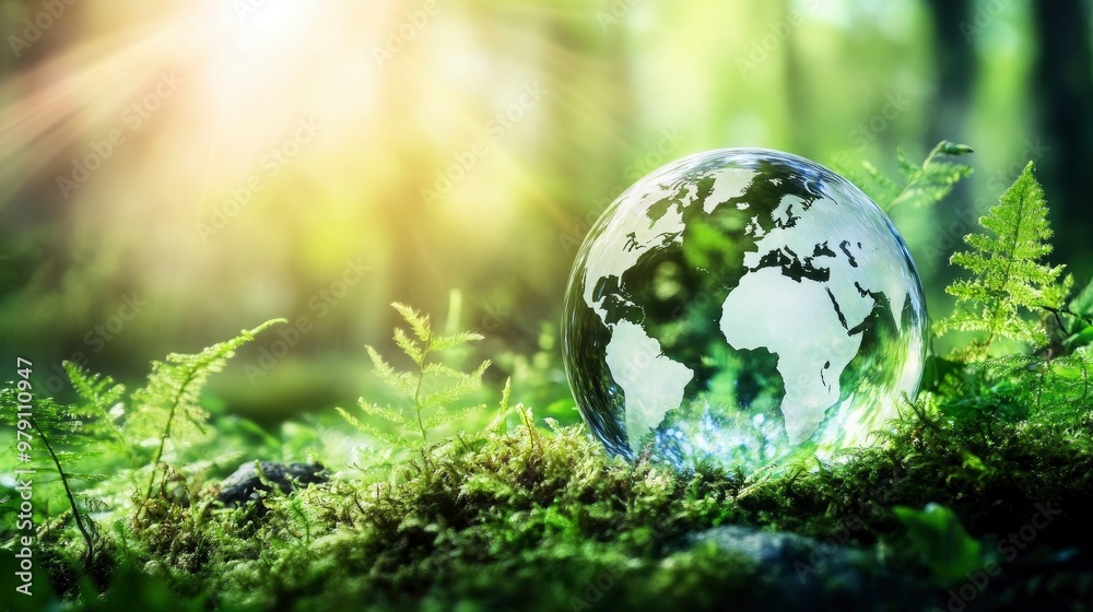 A glass globe on moss covered ground in a lush forest with sun shine on blur background A glass globe on moss covered ground in a lush forest with sun shine on blur background