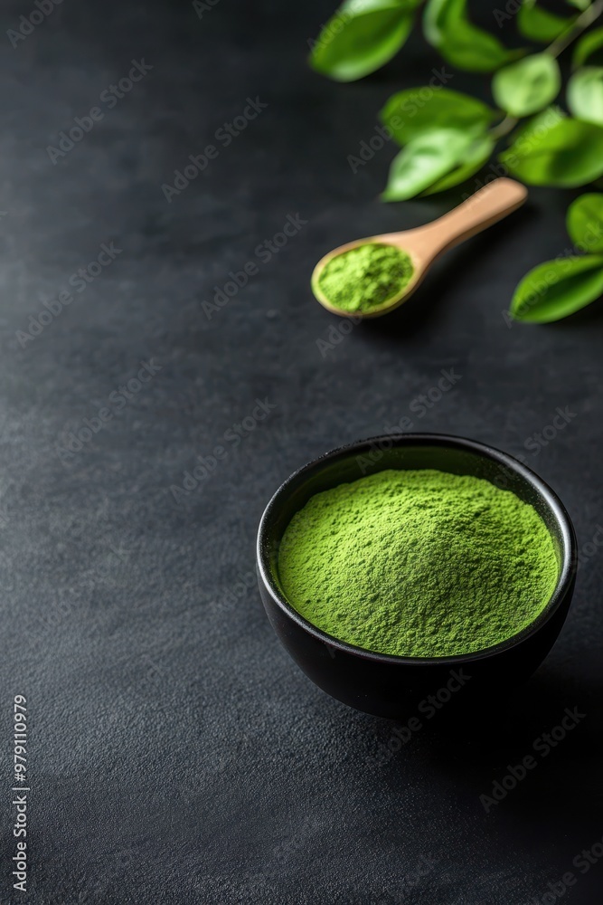 A vibrant bowl of green powder on a dark surface, showcasing the natural beauty of herbal ingredients and culinary creativity. A vibrant bowl of green powder on a dark surface, showcasing the natural beauty of herbal ingredients and culinary creativity.