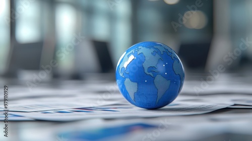 A vibrant blue globe on a table covered with documents, symbolizing global connections and international business. photo