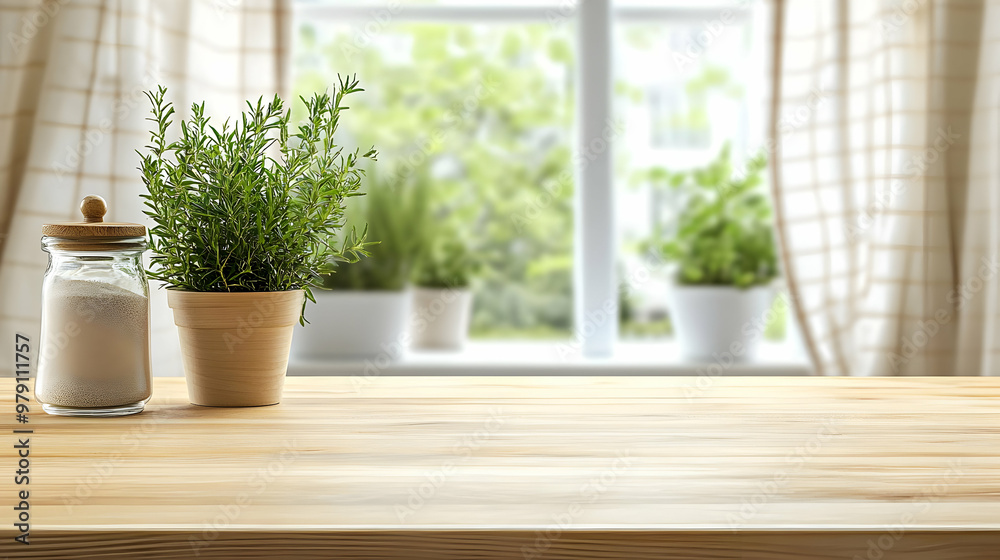 A Wooden Tabletop with a Glass Jar Filled with Grains and a Potted Herb Plant, Set Against a Blurred Background of a Window with Sheer Curtains and Greenery A Wooden Tabletop with a Glass Jar Filled with Grains and a Potted Herb Plant, Set Against a Blurred Background of a Window with Sheer Curtains and Greenery