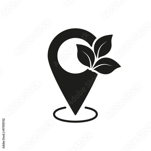 Location Pin with Leaves Silhouette Icon. Eco-Friendly and Sustainable Locations for Environmental Awareness. Isolated Vector Illustration photo