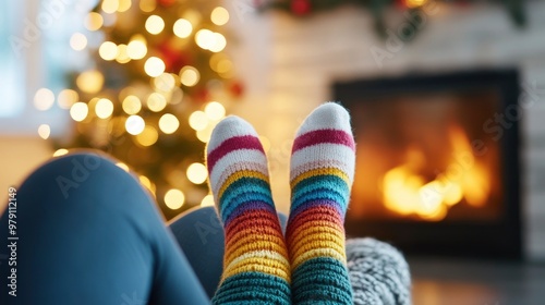 A person wearing colorful socks is sitting by the fireplac. A Christmas tree decorated with lights is in the background. photo