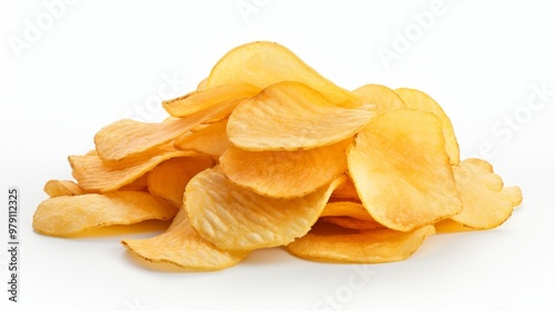 Yellow potato chips pile isolated on white background. Neural network ai generated art