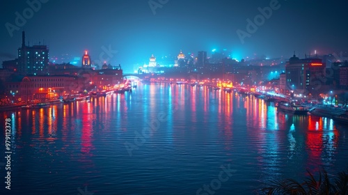 Nighttime Cityscape with Reflecting Lights