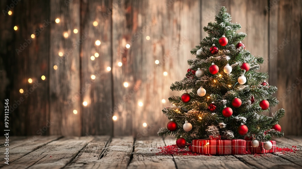 Christmas tree with red and white baubles and lights against an old wood background.generative ai Christmas tree with red and white baubles and lights against an old wood background.generative ai