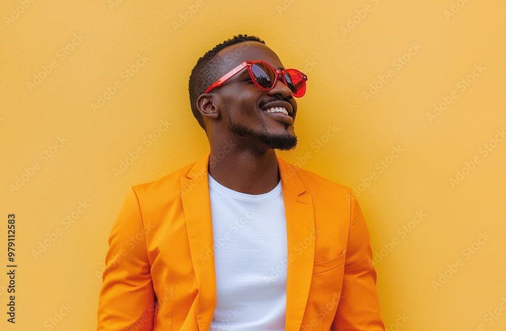 Stylish man in orange blazer and sunglasses smiling against a bright yellow background, embodying fashion and confidence. Stylish man in orange blazer and sunglasses smiling against a bright yellow background, embodying fashion and confidence.