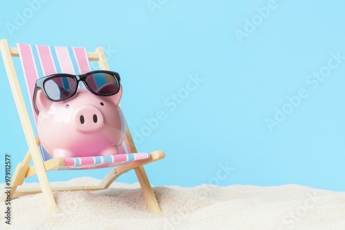 A pink piggy bank resting in the sand atop a beach chair with sunglasses and copy space.