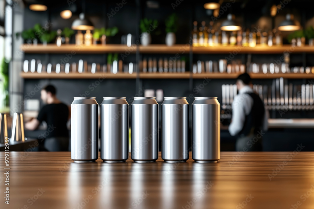 Five blank aluminum cans are lined up on a wooden counter in a modern bar setting. The background features shelves with plants, bottles, and blurred figures of people working. Five blank aluminum cans are lined up on a wooden counter in a modern bar setting. The background features shelves with plants, bottles, and blurred figures of people working.