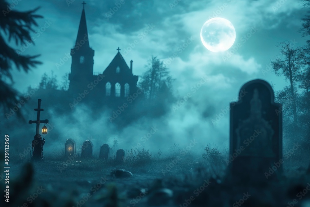 A spooky graveyard with tombstones and an old mansion in the background under moonlight, dark foggy environment A spooky graveyard with tombstones and an old mansion in the background under moonlight, dark foggy environment