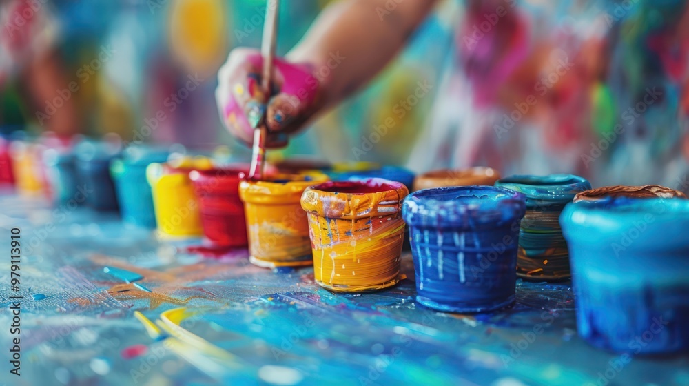 Paint splatters on the art table, colorful paint buckets, and brushes smeared with colors from the students’ painting class.