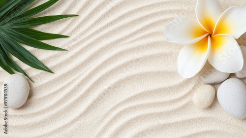 Top view of a garden with stones and ripples in the sand. Flat lay background banner for a spa or wellness design idea. There is a tropical flower resting on the surface with a beige texture.