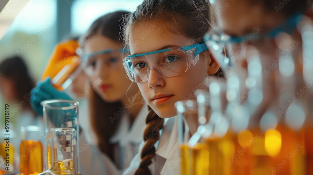 In the science lab, the students were conducting a chemistry experiment, carefully measuring and mixing chemicals under the guidance of their teacher. In the science lab, the students were conducting a chemistry experiment, carefully measuring and mixing chemicals under the guidance of their teacher.