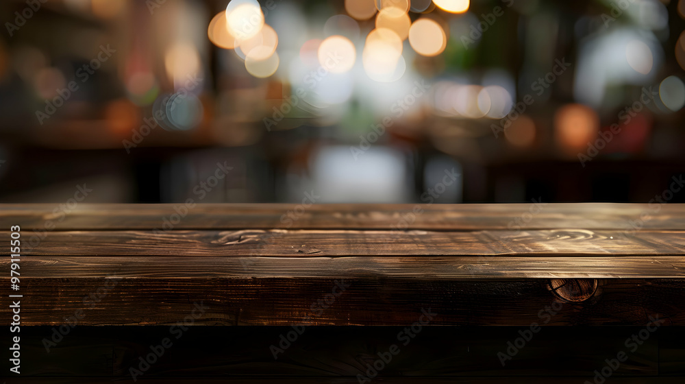 Close-up of a Dark Wooden Tabletop with a Blurred Background of a Cozy Cafe Setting with Warm Lights. Close-up of a Dark Wooden Tabletop with a Blurred Background of a Cozy Cafe Setting with Warm Lights.