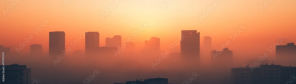 A stunning city skyline silhouetted against a colorful sunset, creating a serene and atmospheric urban scene.