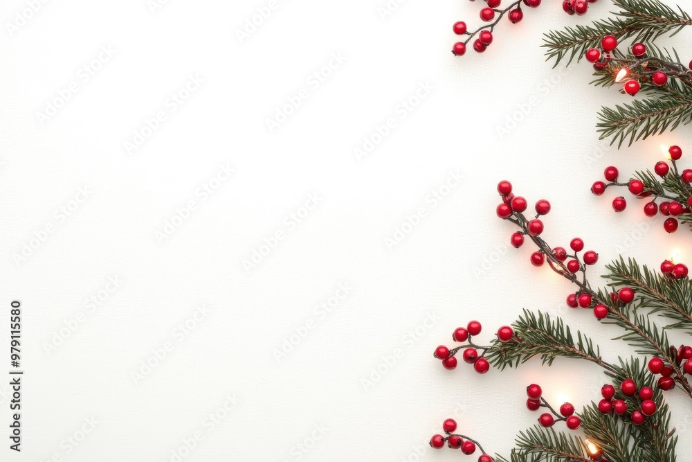 red berries and pine branches and glowing lights on white background red berries and pine branches and glowing lights on white background