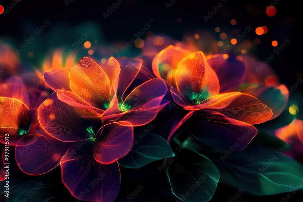 Fototapeta premium Vibrant floral composition with glowing petals and magical bokeh, perfect for artistic backgrounds and nature-inspired designs.