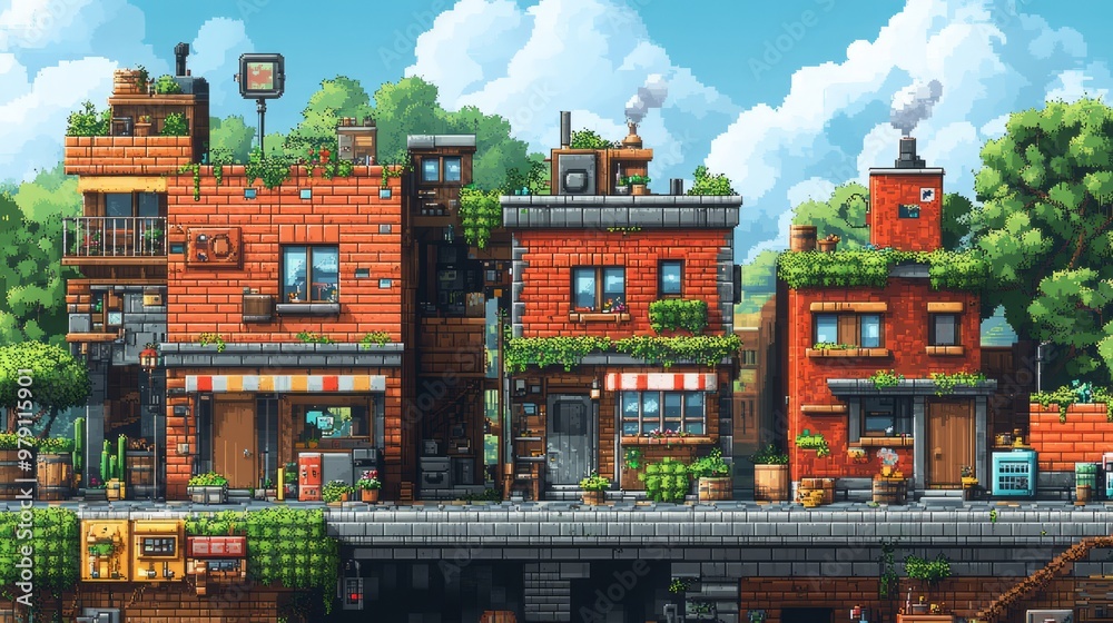 Fototapeta premium Retro video game scene It is a city where avatars go to fight.