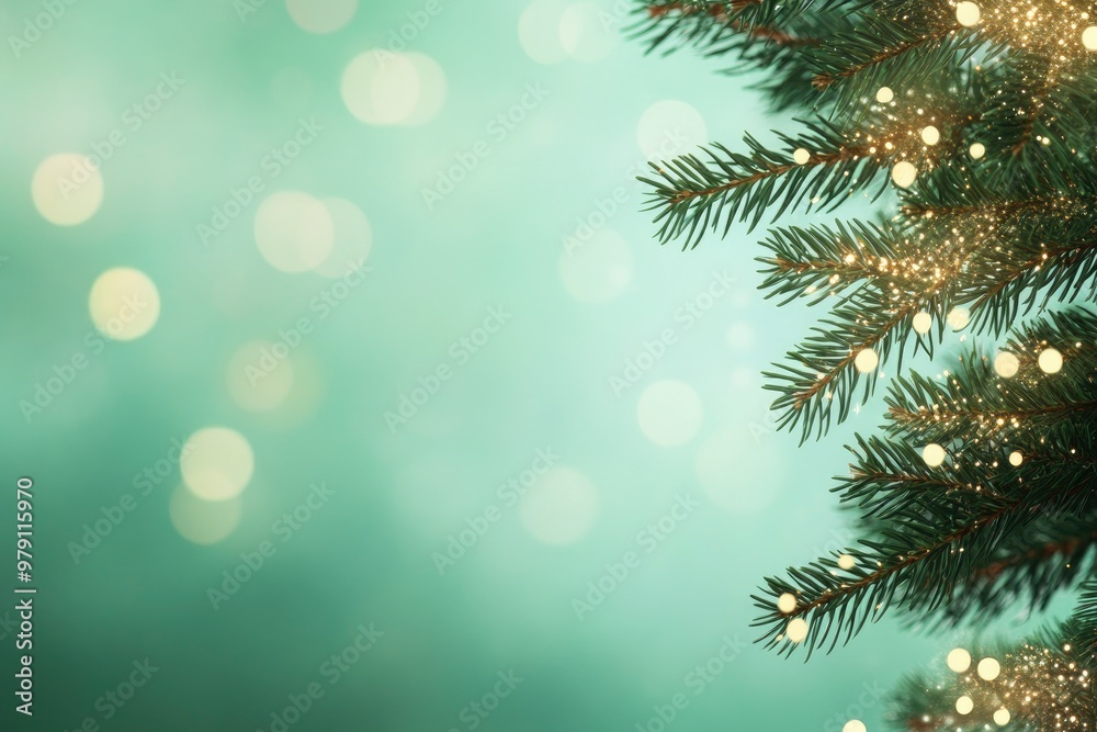 Golden lights adorning Christmas tree branches set against a green, hazy background with a banner celebrating the holidays and the new year.