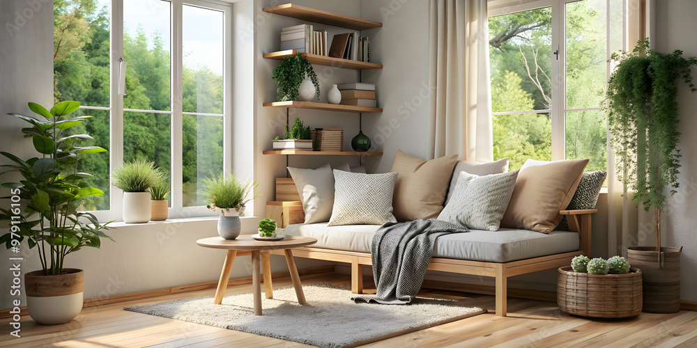 Fototapeta premium Cozy Scandinavian-inspired reading nook with light wood furniture, soft textiles, and greenery , Scandinavian