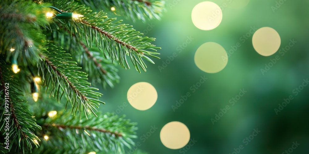 Christmas tree branches in closeup on a green background, lit with lights. Christmas tree branches in closeup on a green background, lit with lights.