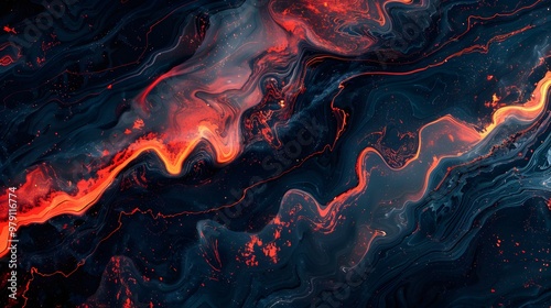 Abstract Swirling Red and Orange Paint on a Dark Blue Background. photo