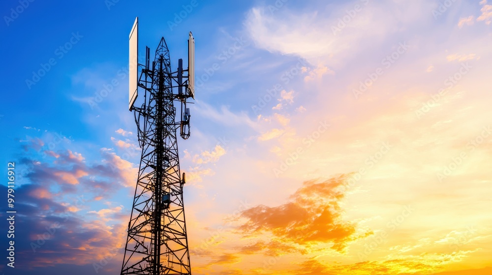 Cell Tower Silhouette Against Dramatic Sunset Sky Cell Tower Silhouette Against Dramatic Sunset Sky