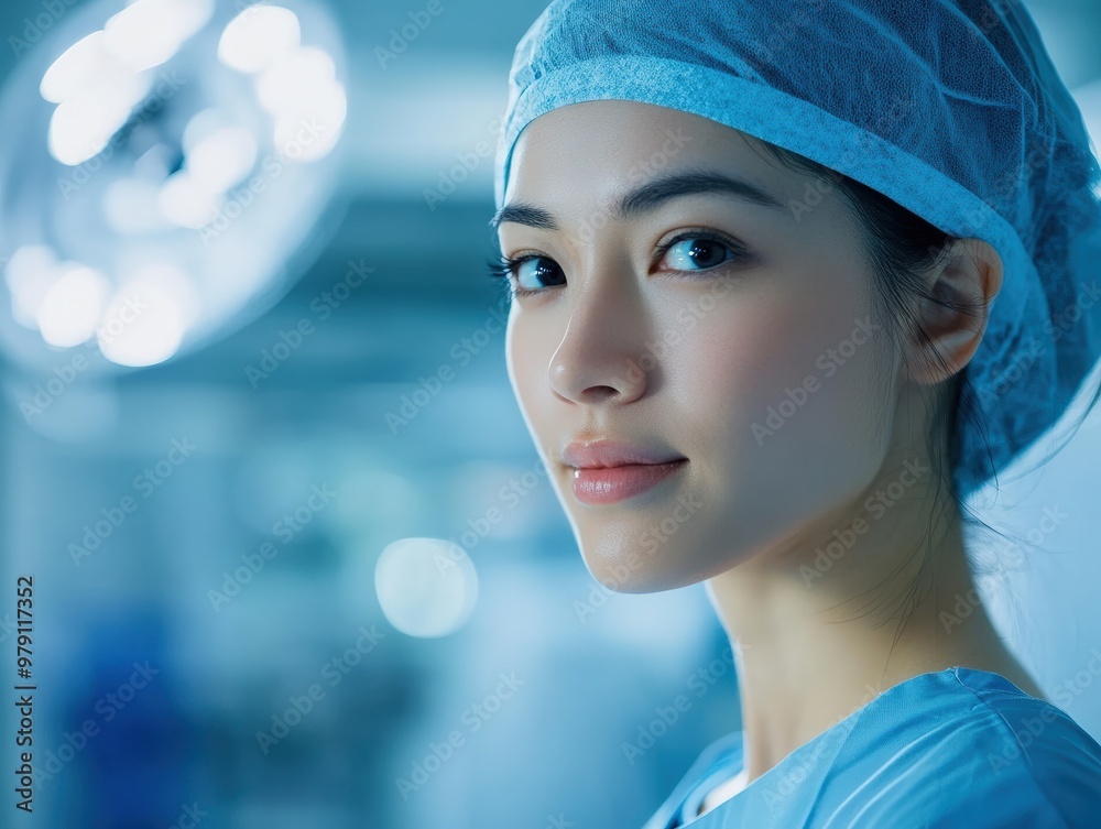 A Close-Up Portrait of a Healthcare Worker Wearing a Medical Uniform and Surgical Cap, Focusing on Her Focused and Determined Expression in a Hospital Setting. A Close-Up Portrait of a Healthcare Worker Wearing a Medical Uniform and Surgical Cap, Focusing on Her Focused and Determined Expression in a Hospital Setting.