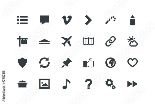 Arrow, Candy, Cloudy, Details small, Drop, Fast forward, Favorite, vector illustration, set of icons