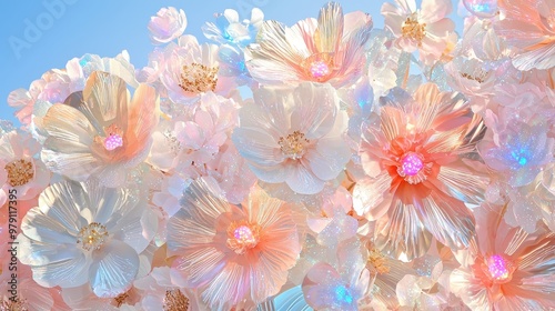 Pastel Pink and White Flowers with Iridescent Shimmer and Glitter