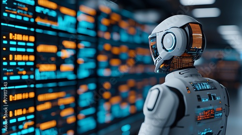 Futuristic Trading Floor: Robots Analyzing Data in a High-Tech Financial Environment. Robot Algorithm Trading Concept photo