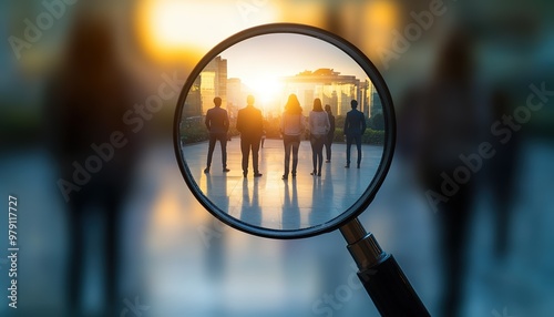 Magnifying glass focused on a diverse group of people standing and facing sunlight in an open space, symbolizing analysis and teamwork. photo