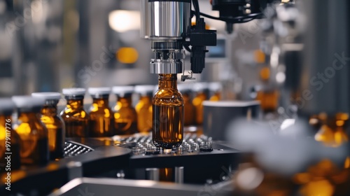 Automated Bottling Line Filling Glass Bottles with Liquid Product on Conveyor Belt in Factory Production Facility